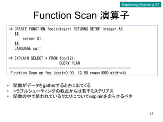 Explaining Explain p.27


            Function Scan 演算子
=# CREATE FUNCTION foo(integer) RETURNS SETOF integer AS
   $$
       select $1;
   $$
   LANGUAGE sql;

=# EXPLAIN SELECT * FROM foo(12);
                         QUERY PLAN
------------------------------------------------------------
 Function Scan on foo (cost=0.00..12.50 rows=1000 width=4)


•   関数がデータをgatherするときに出てくる
•   トラブルシューティングの観点からは若干ミステリアス
•   関数の中で使われているクエリについてexplainを走らせるべき


                                                                        37
 
