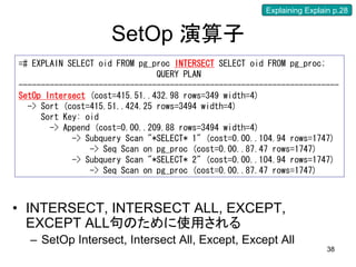 Explaining Explain p.28


                    SetOp 演算子
=# EXPLAIN SELECT oid FROM pg_proc INTERSECT SELECT oid FROM pg_proc;
                               QUERY PLAN
------------------------------------------------------------------------
SetOp Intersect (cost=415.51..432.98 rows=349 width=4)
  -> Sort (cost=415.51..424.25 rows=3494 width=4)
     Sort Key: oid
       -> Append (cost=0.00..209.88 rows=3494 width=4)
            -> Subquery Scan "*SELECT* 1" (cost=0.00..104.94 rows=1747)
                -> Seq Scan on pg_proc (cost=0.00..87.47 rows=1747)
            -> Subquery Scan "*SELECT* 2" (cost=0.00..104.94 rows=1747)
                -> Seq Scan on pg_proc (cost=0.00..87.47 rows=1747)



• INTERSECT, INTERSECT ALL, EXCEPT,
  EXCEPT ALL句のために使用される
  – SetOp Intersect, Intersect All, Except, Except All
                                                                        38
 