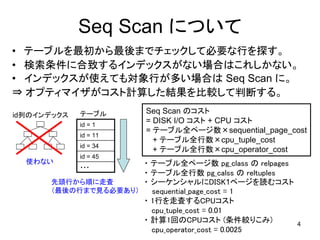 Seq Scan について
• テーブルを最初から最後までチェックして必要な行を探す。
• 検索条件に合致するインデックスがない場合はこれしかない。
• インデックスが使えても対象行が多い場合は Seq Scan に。
⇒ オプティマイザがコスト計算した結果を比較して判断する。

id列のインデックス   テーブル      Seq Scan のコスト
             id = 1
                       = DISK I/O コスト + CPU コスト
                       = テーブル全ページ数×sequential_page_cost
             id = 11
                         + テーブル全行数×cpu_tuple_cost
             id = 34
                         + テーブル全行数×cpu_operator_cost
             id = 45
  使わない               ・ テーブル全ページ数 pg_class の relpages
             ・・・
                     ・ テーブル全行数 pg_calss の reltuples
      先頭行から順に走査      ・ シーケンシャルにDISK1ページを読むコスト
      （最後の行まで見る必要あり）   sequential_page_cost = 1
                     ・ 1行を走査するCPUコスト
                       cpu_tuple_cost = 0.01
                     ・ 計算1回のCPUコスト (条件絞りこみ)            4
                       cpu_operator_cost = 0.0025
 