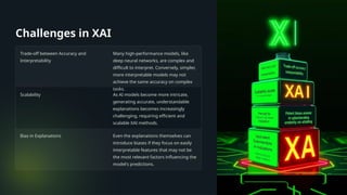 Challenges in XAI
Trade-off between Accuracy and
Interpretability
Many high-performance models, like
deep neural networks, are complex and
difficult to interpret. Conversely, simpler,
more interpretable models may not
achieve the same accuracy on complex
tasks.
Scalability As AI models become more intricate,
generating accurate, understandable
explanations becomes increasingly
challenging, requiring efficient and
scalable XAI methods.
Bias in Explanations Even the explanations themselves can
introduce biases if they focus on easily
interpretable features that may not be
the most relevant factors influencing the
model's predictions.
 