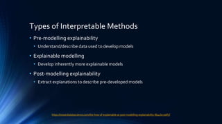 Types of Interpretable Methods
• Pre-modelling explainability
• Understand/describe data used to develop models
• Explainable modelling
• Develop inherently more explainable models
• Post-modelling explainability
• Extract explanations to describe pre-developed models
https://towardsdatascience.com/the-how-of-explainable-ai-post-modelling-explainability-8b4cbc7adf5f
 