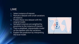 LIME
1. Select instance of interest.
2. Perturb a dataset with small variations
of instance.
3. Predict these new dataset with the
original model.
4. Sampled instances are weighted by
proximity to the instance of interest
5. Train a weighted, interpretable model
on the dataset with the variations.
6. Explain the prediction by interpreting
the local model.
 