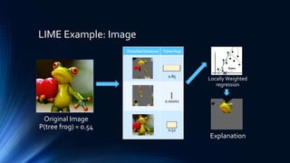 LIME Example: Image
Original Image
P(tree frog) = 0.54
Perturbed Instances P(tree frog)
0.85
0.00001
0.52
Explanation
Locally Weighted
regression
 