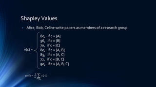 Shapley Values
• Alice, Bob, Celine write papers as members of a research group
80, if c = {A}
56, if c = {B}
70, if c = {C}
80, if c = {A, B}
85, if c = {A, C}
72, if c = {B, C}
90, if c = {A, B, C}
v(c) =
𝜙𝑖 𝐺 =
1
𝑛!
𝜋∈∏ 𝑛
△ 𝜋
𝐺
(𝑖)
 
