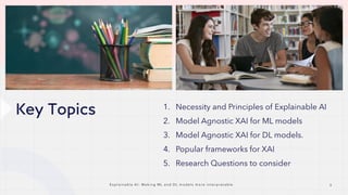 Key Topics 1. Necessity and Principles of Explainable AI
2. Model Agnostic XAI for ML models
3. Model Agnostic XAI for DL models.
4. Popular frameworks for XAI
5. Research Questions to consider
E x p l a i n a b l e A I : M a k i n g M L a n d D L m o d e l s m o r e i n t e r p r e t a b l e 3
 