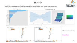 3 3
E x p l a i n a b l e A I : M a k i n g M L a n d D L m o d e l s m o r e i n t e r p r e t a b l e
SKATER provides an unified framework for both Global and Local Interpretation.
Feature Importance Partial Dependency Plots
LIME integration for explanability
Project Link:
 