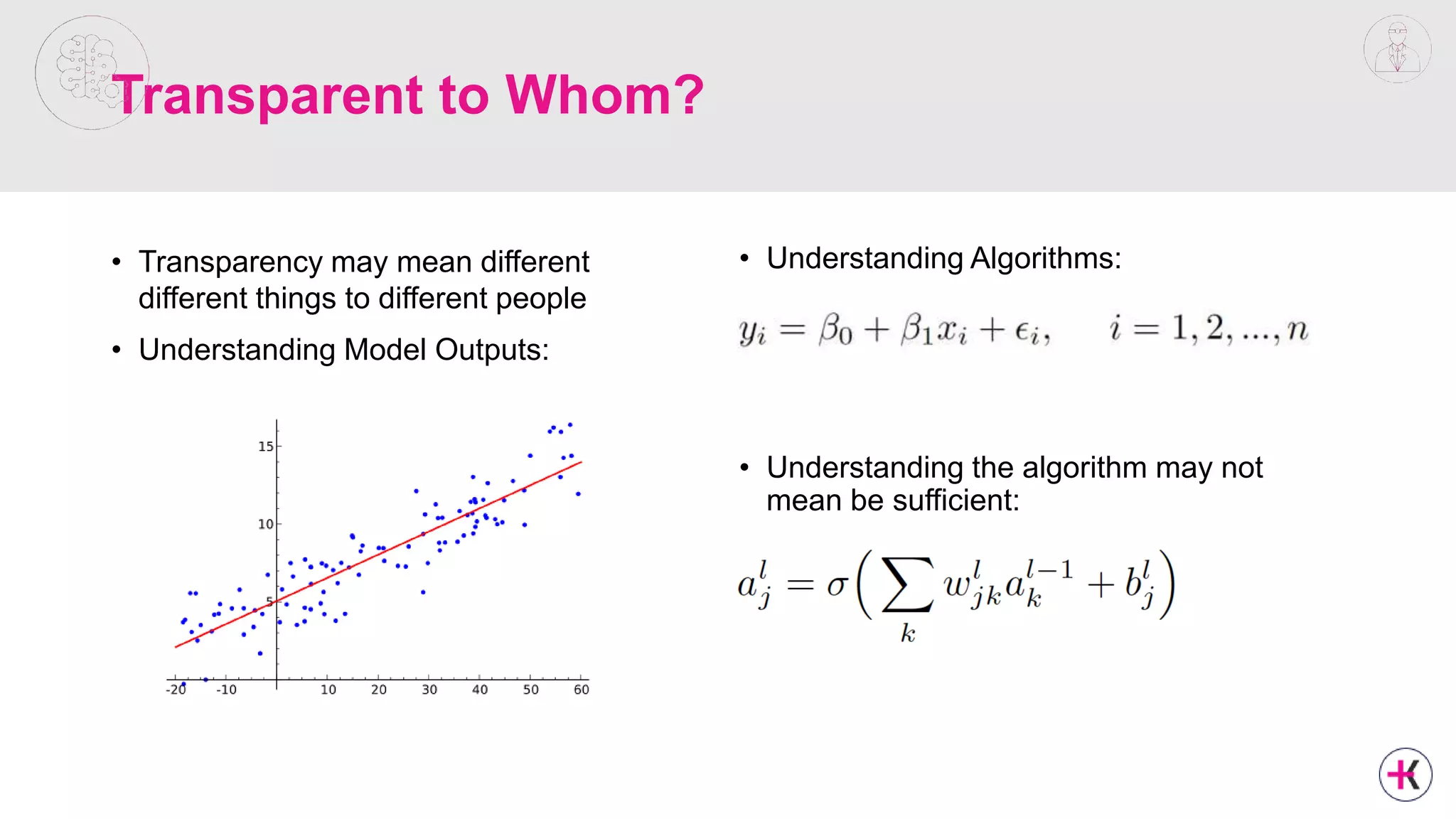 Transparent to Whom?
• Transparency may mean different
different things to different people
• Understanding Model Outputs:
• Understanding Algorithms:
• Understanding the algorithm may not
mean be sufficient:
 