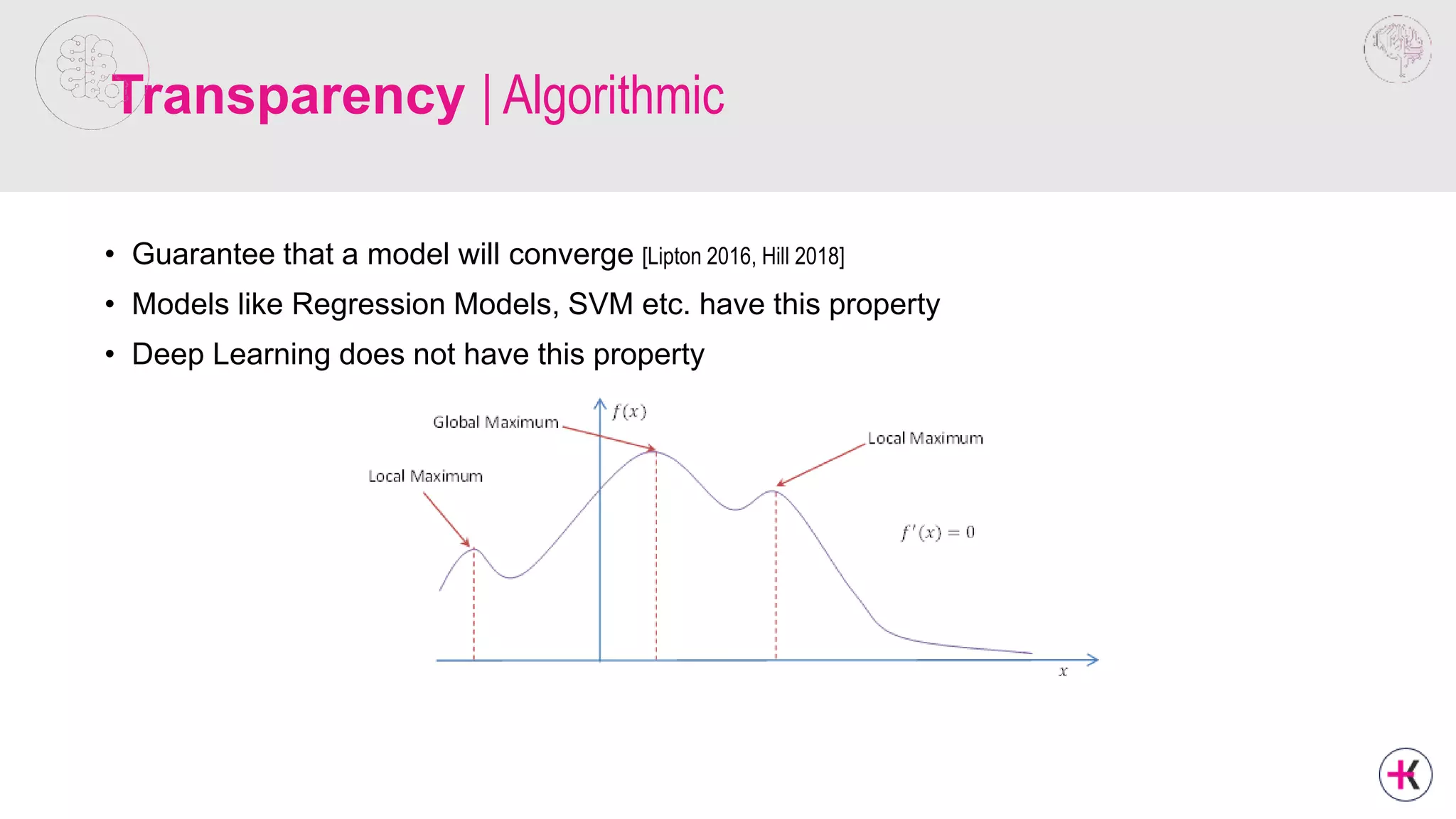 Transparency | Algorithmic
• Guarantee that a model will converge [Lipton 2016, Hill 2018]
• Models like Regression Models, SVM etc. have this property
• Deep Learning does not have this property
 