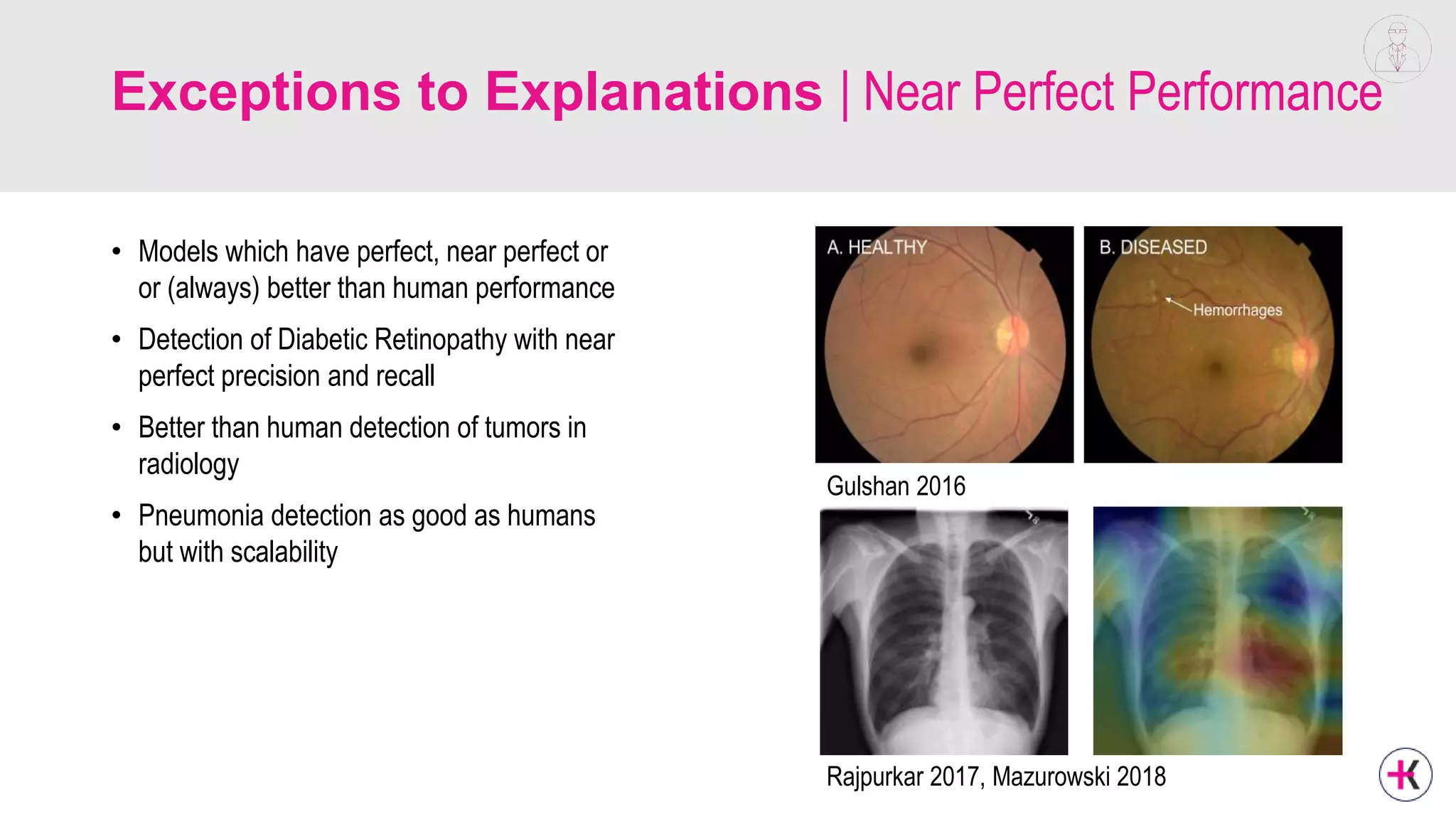 Exceptions to Explanations | Near Perfect Performance
• Models which have perfect, near perfect or
or (always) better than human performance
• Detection of Diabetic Retinopathy with near
perfect precision and recall
• Better than human detection of tumors in
radiology
• Pneumonia detection as good as humans
but with scalability
Gulshan 2016
Rajpurkar 2017, Mazurowski 2018
 