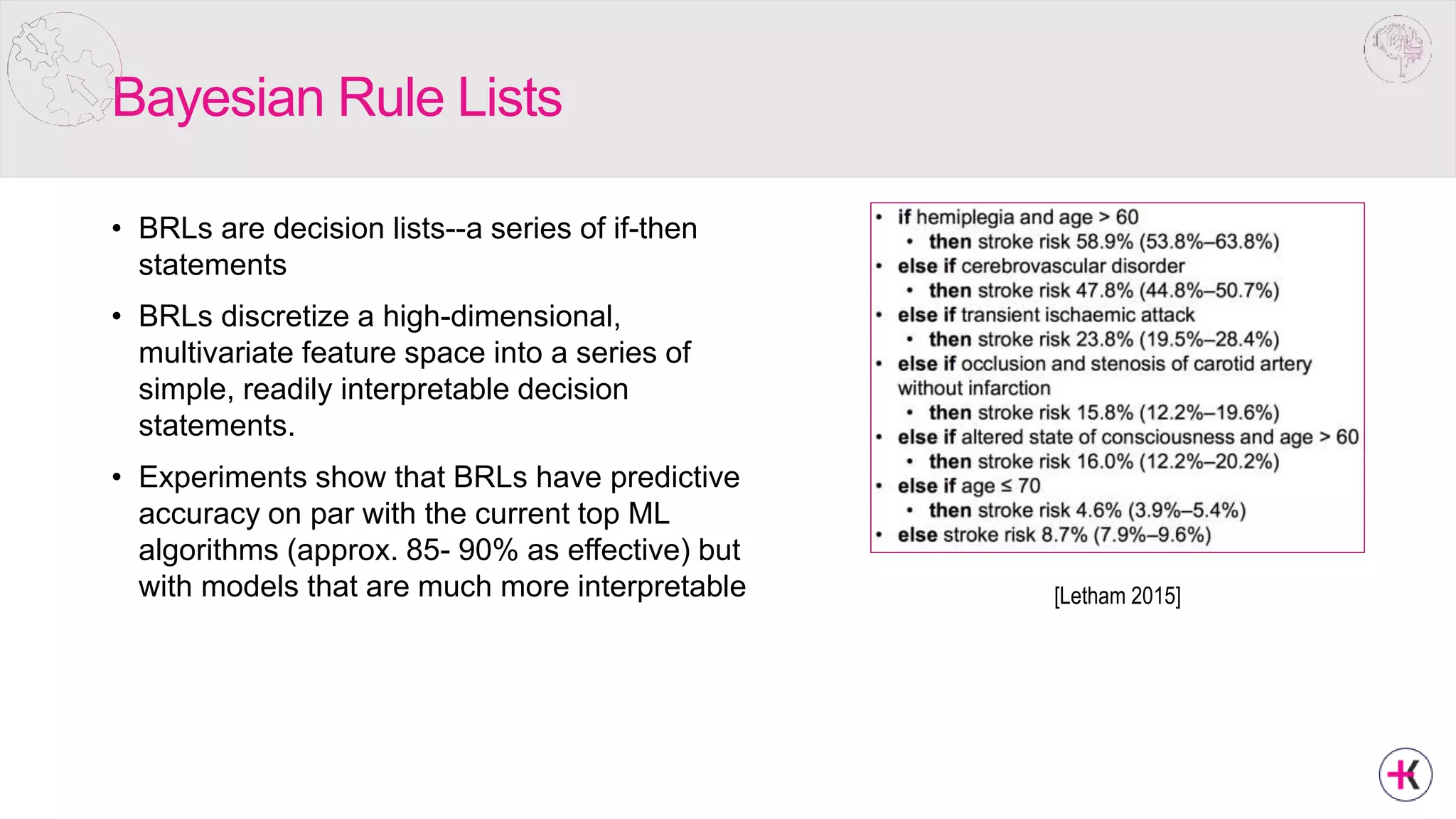 Bayesian Rule Lists
• BRLs are decision lists--a series of if-then
statements
• BRLs discretize a high-dimensional,
multivariate feature space into a series of
simple, readily interpretable decision
statements.
• Experiments show that BRLs have predictive
accuracy on par with the current top ML
algorithms (approx. 85- 90% as effective) but
with models that are much more interpretable [Letham 2015]
 