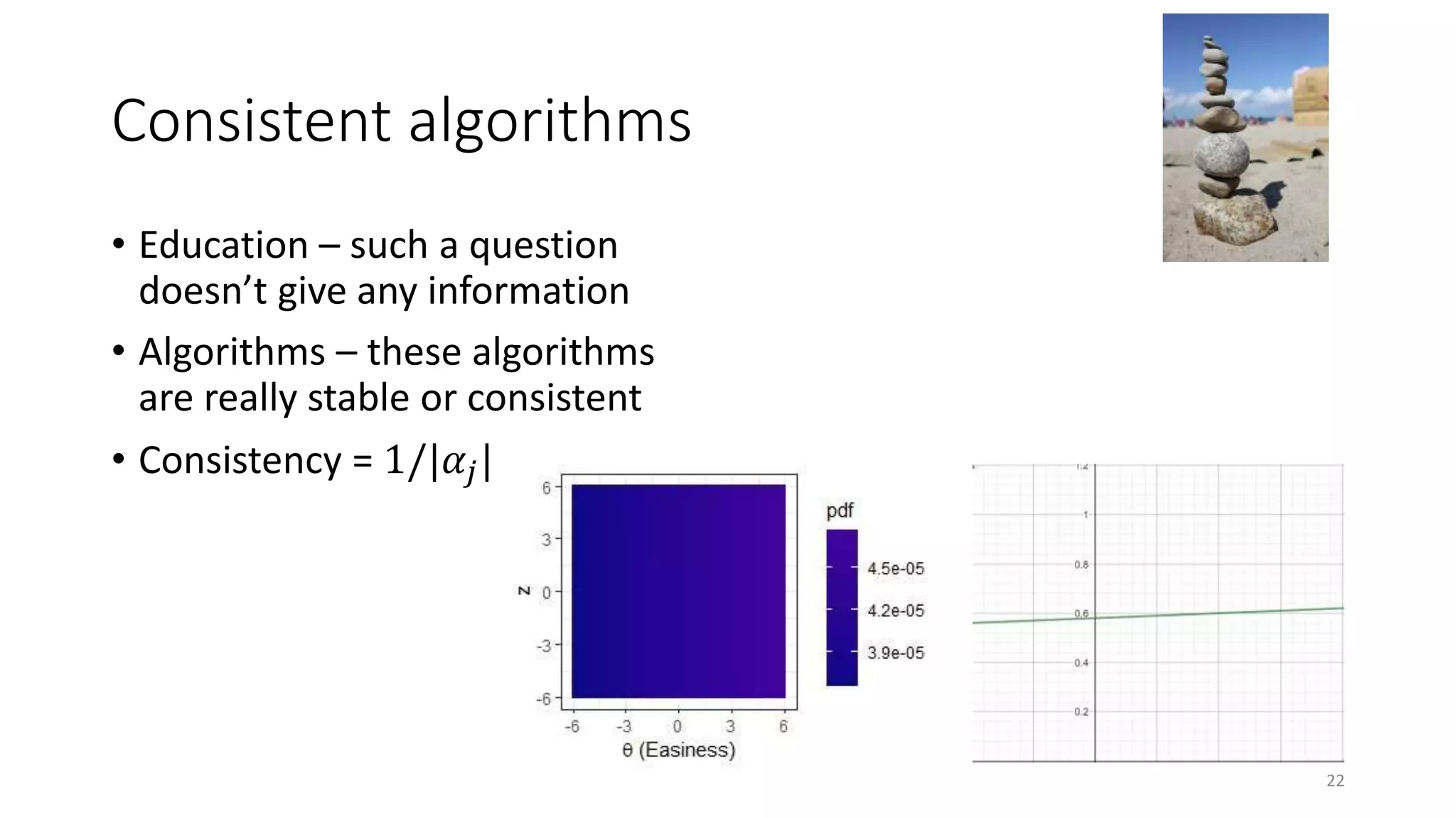 Consistent algorithms
• Education – such a question
doesn’t give any information
• Algorithms – these algorithms
are really stable or consistent
• Consistency = 1/|𝛼𝑗|
22
 