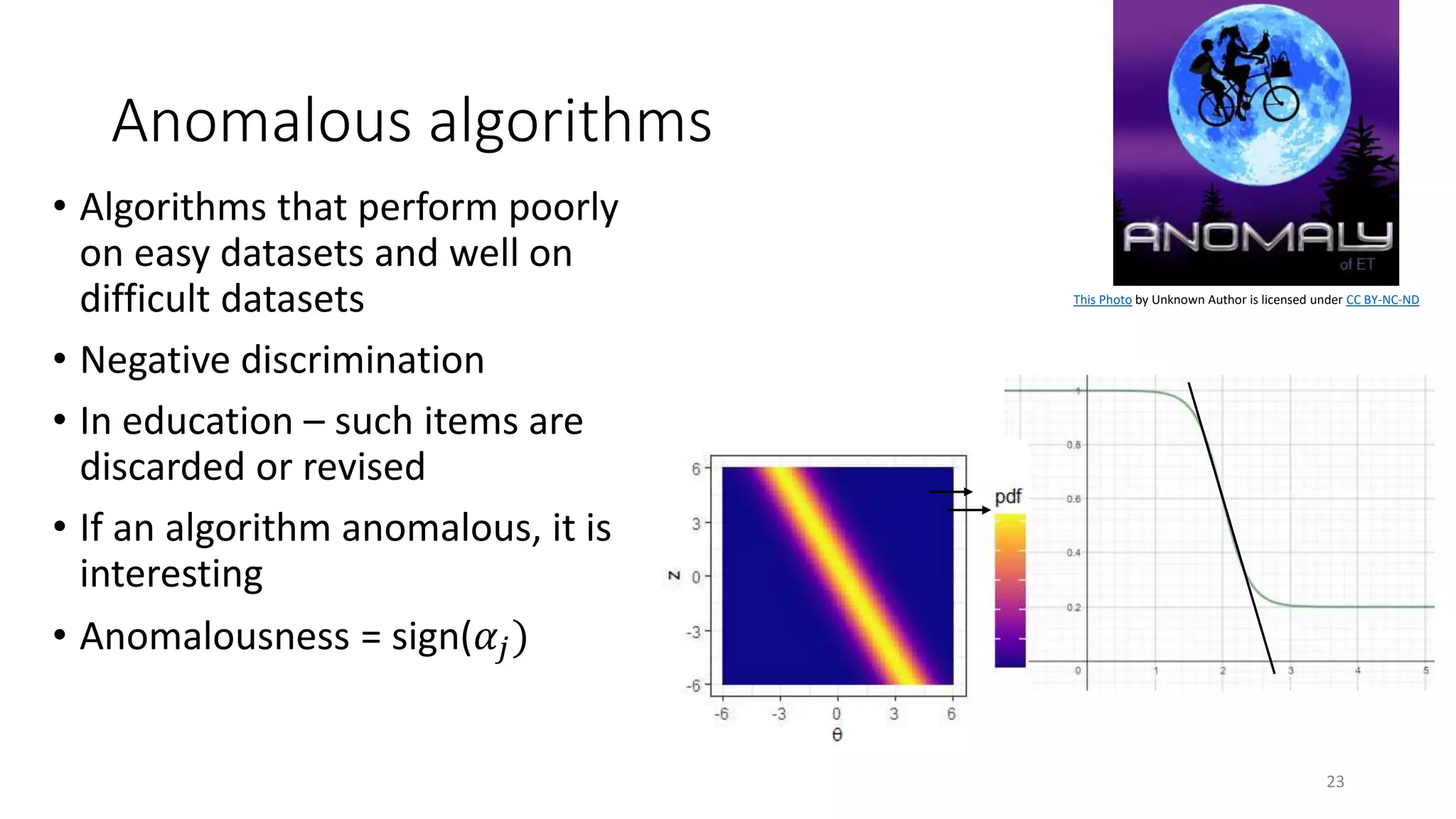 Anomalous algorithms
• Algorithms that perform poorly
on easy datasets and well on
difficult datasets
• Negative discrimination
• In education – such items are
discarded or revised
• If an algorithm anomalous, it is
interesting
• Anomalousness = sign(𝛼𝑗)
This Photo by Unknown Author is licensed under CC BY-NC-ND
23
 