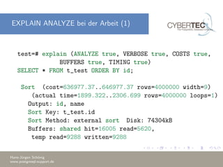 EXPLAIN ANALYZE bei der Arbeit (1)
test=# explain (ANALYZE true, VERBOSE true, COSTS true,
BUFFERS true, TIMING true)
SELECT * FROM t_test ORDER BY id;
Sort (cost=636977.37..646977.37 rows=4000000 width=9)
(actual time=1899.322..2306.699 rows=4000000 loops=1)
Output: id, name
Sort Key: t_test.id
Sort Method: external sort Disk: 74304kB
Buffers: shared hit=16005 read=5620,
temp read=9288 written=9288
Hans-J¨urgen Sch¨onig
www.postgresql-support.de
 