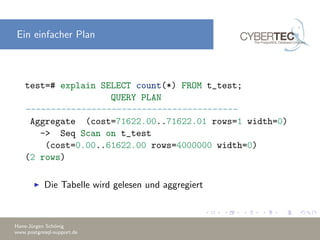 Ein einfacher Plan
test=# explain SELECT count(*) FROM t_test;
QUERY PLAN
------------------------------------------
Aggregate (cost=71622.00..71622.01 rows=1 width=0)
-> Seq Scan on t_test
(cost=0.00..61622.00 rows=4000000 width=0)
(2 rows)
Die Tabelle wird gelesen und aggregiert
Hans-J¨urgen Sch¨onig
www.postgresql-support.de
 