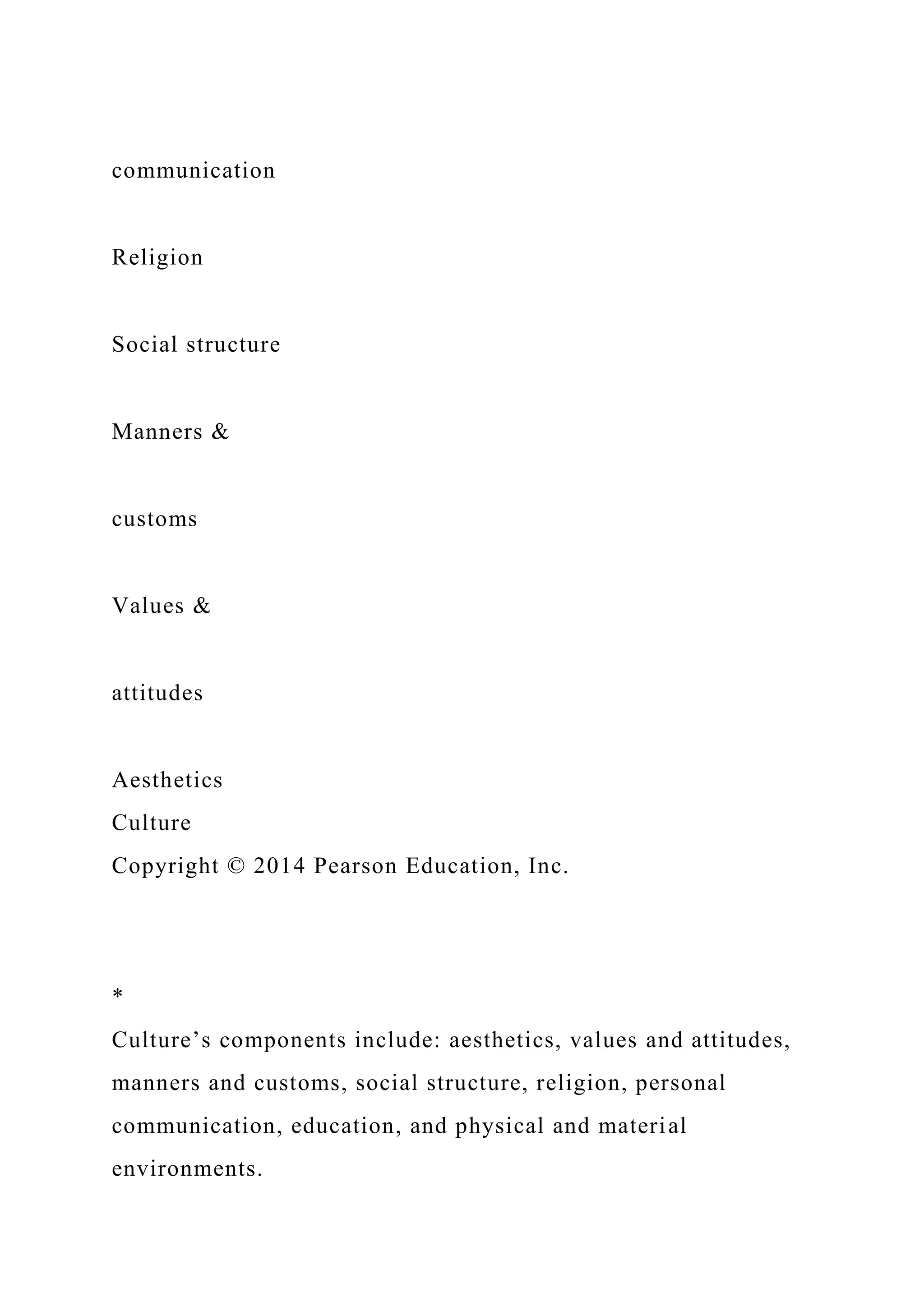 communication
Religion
Social structure
Manners &
customs
Values &
attitudes
Aesthetics
Culture
Copyright © 2014 Pearson Education, Inc.
*
Culture’s components include: aesthetics, values and attitudes,
manners and customs, social structure, religion, personal
communication, education, and physical and material
environments.
 