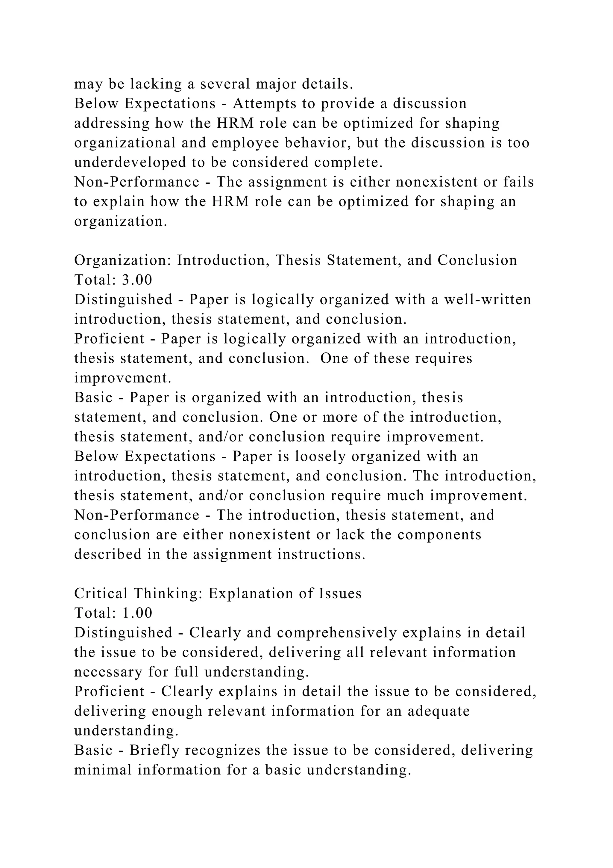 may be lacking a several major details.
Below Expectations - Attempts to provide a discussion
addressing how the HRM role can be optimized for shaping
organizational and employee behavior, but the discussion is too
underdeveloped to be considered complete.
Non-Performance - The assignment is either nonexistent or fails
to explain how the HRM role can be optimized for shaping an
organization.
Organization: Introduction, Thesis Statement, and Conclusion
Total: 3.00
Distinguished - Paper is logically organized with a well-written
introduction, thesis statement, and conclusion.
Proficient - Paper is logically organized with an introduction,
thesis statement, and conclusion. One of these requires
improvement.
Basic - Paper is organized with an introduction, thesis
statement, and conclusion. One or more of the introduction,
thesis statement, and/or conclusion require improvement.
Below Expectations - Paper is loosely organized with an
introduction, thesis statement, and conclusion. The introduction,
thesis statement, and/or conclusion require much improvement.
Non-Performance - The introduction, thesis statement, and
conclusion are either nonexistent or lack the components
described in the assignment instructions.
Critical Thinking: Explanation of Issues
Total: 1.00
Distinguished - Clearly and comprehensively explains in detail
the issue to be considered, delivering all relevant information
necessary for full understanding.
Proficient - Clearly explains in detail the issue to be considered,
delivering enough relevant information for an adequate
understanding.
Basic - Briefly recognizes the issue to be considered, delivering
minimal information for a basic understanding.
 
