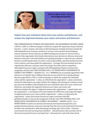 Explain how your individual values drive your actions and behaviors, and
analyze the alignment between your values and actions and behaviors
THIS COMPREHENSIVE TUTORIAL INCLUDES:WEEK 1:NO ASSIGNMENTS IN WEEK 1WEEK
2:Write a 1,050- to 1,400-word paper in which you explain the importance of your selected
business’ s vision, mission, and values in determining your strategic direction. Include the
following:Define your business, products or services, and customers by developing a
mission statement. Ensure that you are differentiating your product or service.Create a
vision for this organization that clearly demonstrates your decision on what you want your
business to become in the future.Define your guiding principles or values for your selected
business considering the topics of culture, social responsibility, and ethics.Analyze how the
vision, mission, and values guide the organization’ s strategic direction.Evaluate how the
organization aIDresses customer needs and critique how they achieve competitive
advantage.Format your paper consistent with APA guidelines.Prepare to discuss this
assignment with the class.THIS TUTORIAL HAS 1,157 WORDS WITH 5 REFERENCES IN
CORRECT APA FORMAT – GRADED 5/5 – A+++ WORKDiscuss an existing organization with
which you are familiar that is different than the one you used for the Conceptualizing a
Business paper.Write a 700- to 1,050-word paper in which you analyze the individual
values and the organization’ s values as reflected by the organization’ s plans and actions.
Include the following in your paper:Analyze the origin(s) and subsequent evolution of your
personal and workplace values.Explain how your individual values drive your actions and
behaviors, and analyze the alignment between your values and actions and
behaviors.Analyze the degree of alignment between the organization’ s stated values and
the organization’ s actual plans and actions.Explain the differences and analyze the degree
of alignment between your values and the organization’ s values as reflected by the
organization’ s plans and actions.Format your paper consistent with APA
guidelines.Prepare to discuss this assignment with the class.THIS TUTORIAL HAS 1,239
WORDS WITH 4 REFERENCES IN CORRECT APA FORMAT – GRADED 10/10 – A+++
WORK!!!WEEK 3:Conduct an internal and external environmental analysis for your
proposed business.Discuss with your Learning Team the forces and trends below that must
be taken into consideration while developing a strategic plan. Given today’ s business
environment and each Learning Team members’ selected business idea, provide a list of
the lessons learned from your Learning Team’ s discussion for each of the items listed
 