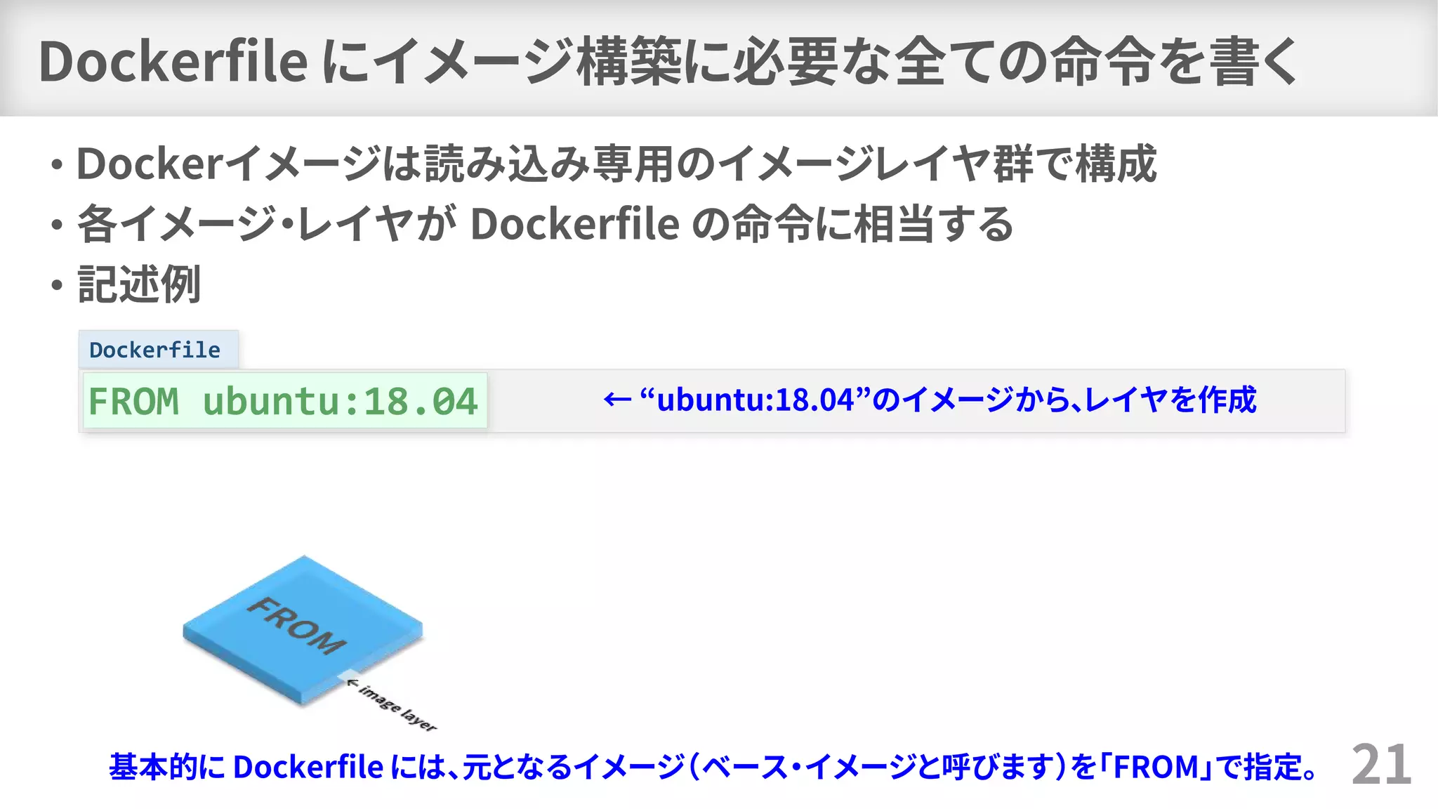 Dockerfile
Dockerfile にイメージ構築に必要な全ての命令を書く
• Ｄockerイメージは読み込み専用のイメージレイヤ群で構成
• 各イメージ・レイヤが Dockerfile の命令に相当する
• 記述例
21
FROM ubuntu:18.04
基本的に Dockerfile には、元となるイメージ（ベース・イメージと呼びます）を「FROM」で指定。
← “ubuntu:18.04”のイメージから、レイヤを作成
 