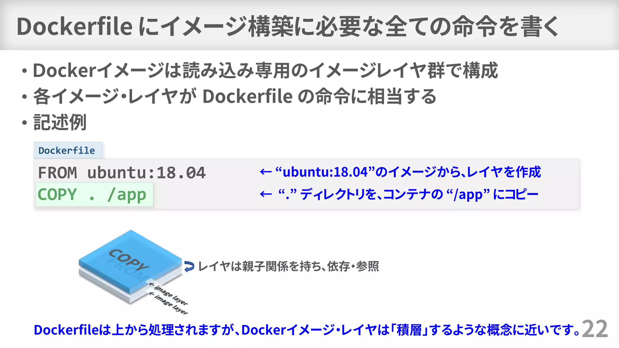 Dockerfile
Dockerfile にイメージ構築に必要な全ての命令を書く
• Ｄockerイメージは読み込み専用のイメージレイヤ群で構成
• 各イメージ・レイヤが Dockerfile の命令に相当する
• 記述例
22
FROM ubuntu:18.04
COPY . /app
Dockerfileは上から処理されますが、Dockerイメージ・レイヤは「積層」するような概念に近いです。
← “ubuntu:18.04”のイメージから、レイヤを作成
← “.” ディレクトリを、コンテナの “/app” にコピー
レイヤは親子関係を持ち、依存・参照
 
