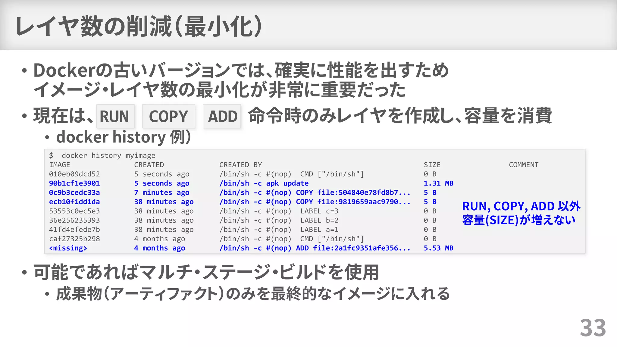 レイヤ数の削減（最小化）
• Dockerの古いバージョンでは、確実に性能を出すため
イメージ・レイヤ数の最小化が非常に重要だった
• 現在は、 RUN COPY ADD 命令時のみレイヤを作成し、容量を消費
• docker history 例）
• 可能であればマルチ・ステージ・ビルドを使用
• 成果物（アーティファクト）のみを最終的なイメージに入れる
33
$ docker history myimage
IMAGE CREATED CREATED BY SIZE COMMENT
010eb09dcd52 5 seconds ago /bin/sh -c #(nop) CMD ["/bin/sh"] 0 B
90b1cf1e3901 5 seconds ago /bin/sh -c apk update 1.31 MB
0c9b3cedc33a 7 minutes ago /bin/sh -c #(nop) COPY file:504840e78fd8b7... 5 B
ecb10f1dd1da 38 minutes ago /bin/sh -c #(nop) COPY file:9819659aac9790... 5 B
53553c0ec5e3 38 minutes ago /bin/sh -c #(nop) LABEL c=3 0 B
36e256235393 38 minutes ago /bin/sh -c #(nop) LABEL b=2 0 B
41fd4efede7b 38 minutes ago /bin/sh -c #(nop) LABEL a=1 0 B
caf27325b298 4 months ago /bin/sh -c #(nop) CMD ["/bin/sh"] 0 B
<missing> 4 months ago /bin/sh -c #(nop) ADD file:2a1fc9351afe356... 5.53 MB
RUN, COPY, ADD 以外
容量(SIZE)が増えない
 