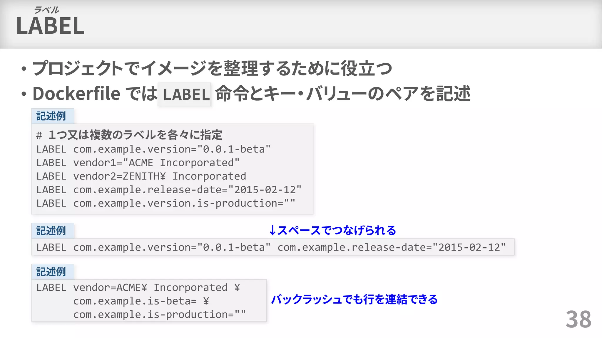 LABEL
• プロジェクトでイメージを整理するために役立つ
• Dockerfile では LABEL 命令とキー・バリューのペアを記述
38
ラベル
記述例
# １つ又は複数のラベルを各々に指定
LABEL com.example.version="0.0.1-beta"
LABEL vendor1="ACME Incorporated"
LABEL vendor2=ZENITH¥ Incorporated
LABEL com.example.release-date="2015-02-12"
LABEL com.example.version.is-production=""
記述例
LABEL com.example.version="0.0.1-beta" com.example.release-date="2015-02-12"
記述例
LABEL vendor=ACME¥ Incorporated ¥
com.example.is-beta= ¥
com.example.is-production=""
↓スペースでつなげられる
バックラッシュでも行を連結できる
 