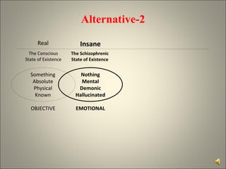 Alternative-2 Real The Conscious State of Existence OBJECTIVE The Schizophrenic State of Existence Insane EMOTIONAL Something Absolute Physical Known Nothing Mental Demonic Hallucinated 