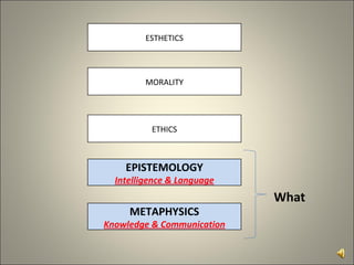 ESTHETICS MORALITY ETHICS EPISTEMOLOGY Intelligence & Language METAPHYSICS Knowledge & Communication What 