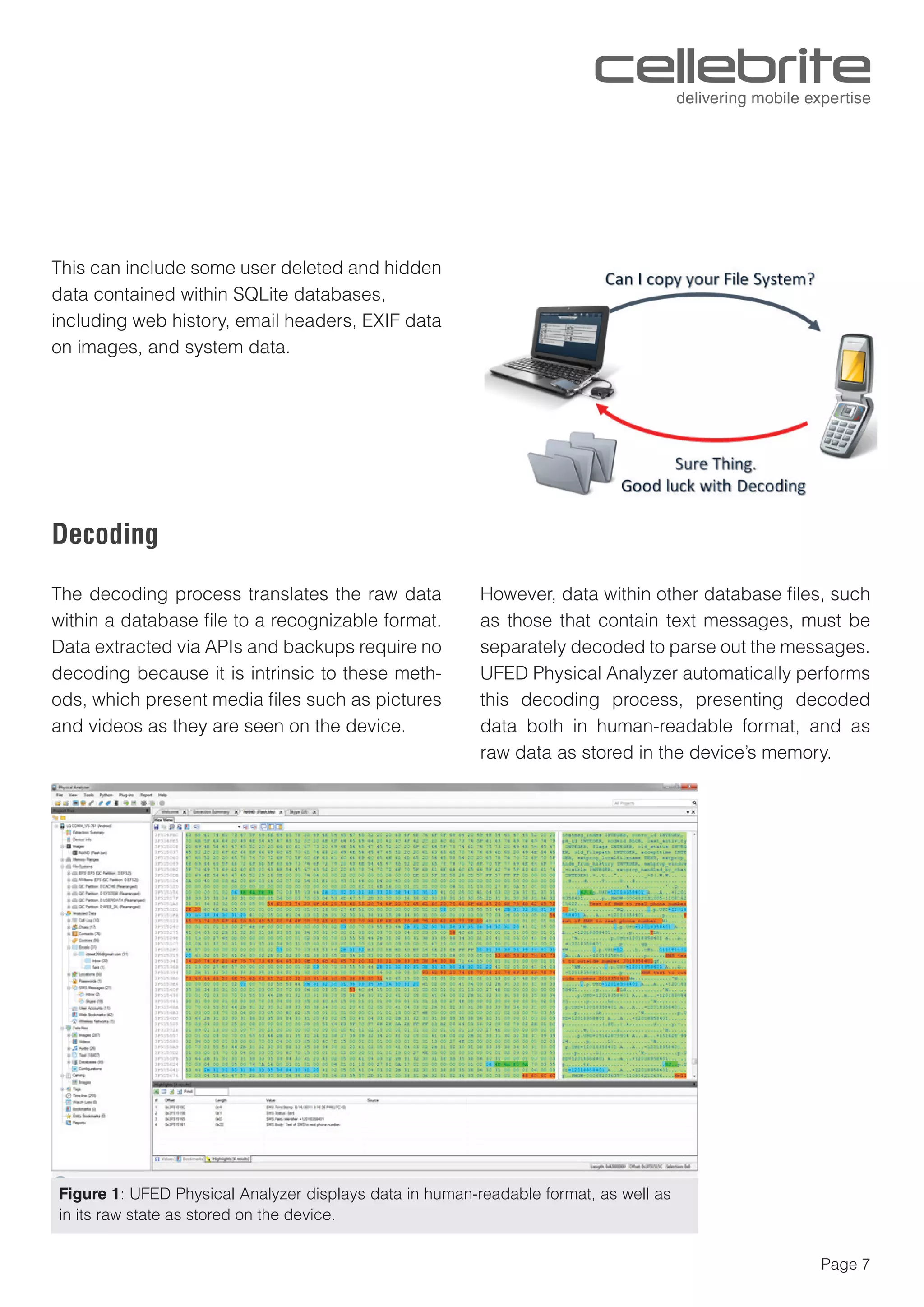 Page 7
This can include some user deleted and hidden
data contained within SQLite databases,
including web history, email headers, EXIF data
on images, and system data.
The decoding process translates the raw data
within a database ﬁle to a recognizable format.
Data extracted via APIs and backups require no
decoding because it is intrinsic to these meth-
ods, which present media ﬁles such as pictures
and videos as they are seen on the device.
However, data within other database ﬁles, such
as those that contain text messages, must be
separately decoded to parse out the messages.
UFED Physical Analyzer automatically performs
this decoding process, presenting decoded
data both in human-readable format, and as
raw data as stored in the device’s memory.
Decoding
Figure 1: UFED Physical Analyzer displays data in human-readable format, as well as
in its raw state as stored on the device.
 