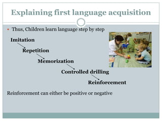 Explaining first language acquisition

 Thus, Children learn language step by step

 Imitation

      Repetition

             Memorization

                        Controlled drilling

                                    Reinforcement

Reinforcement can either be positive or negative
 
