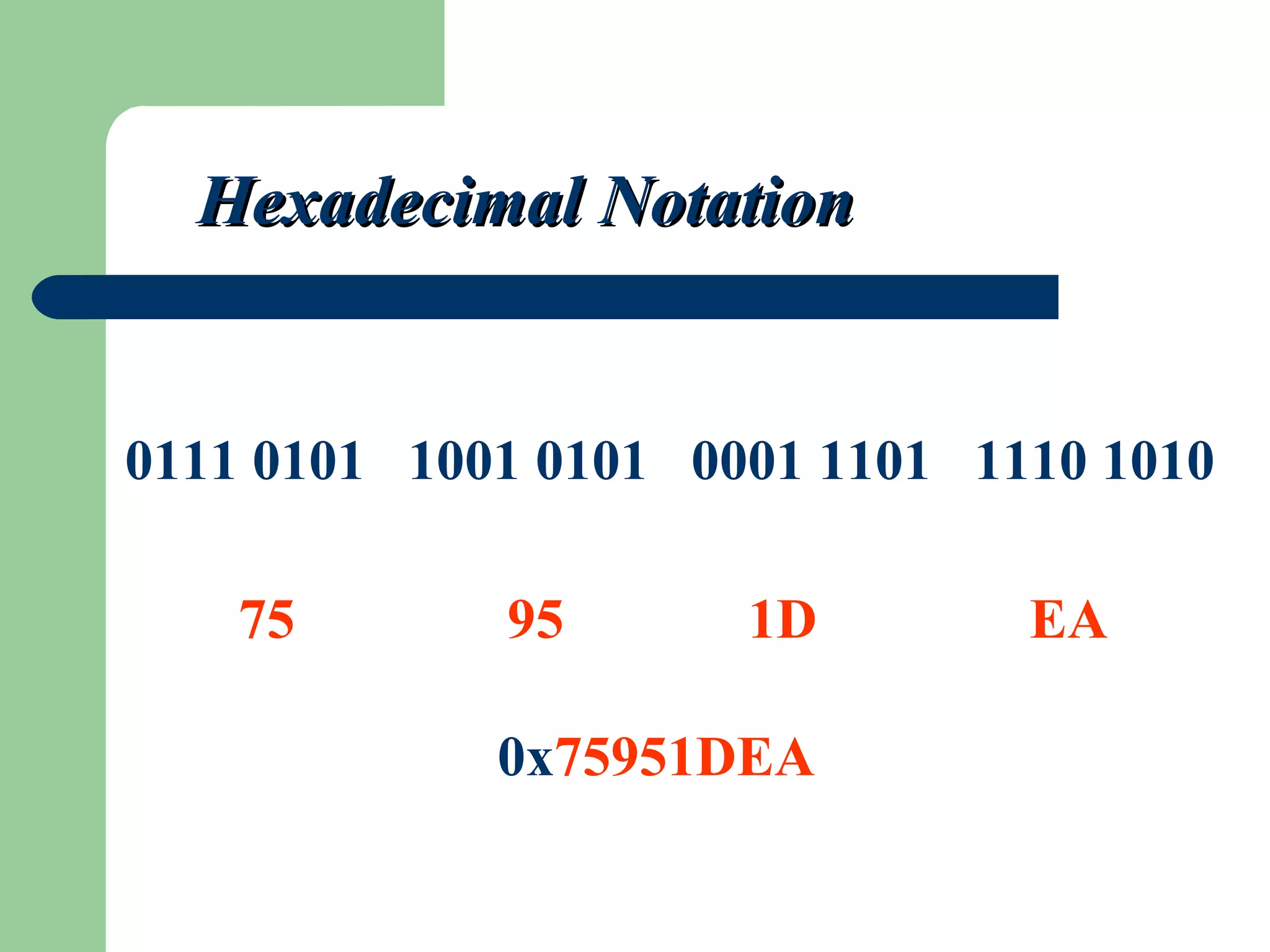 0111 0101 1001 0101 0001 1101 1110 1010
Hexadecimal NotationHexadecimal Notation
75 95 1D EA
0x75951DEA
 