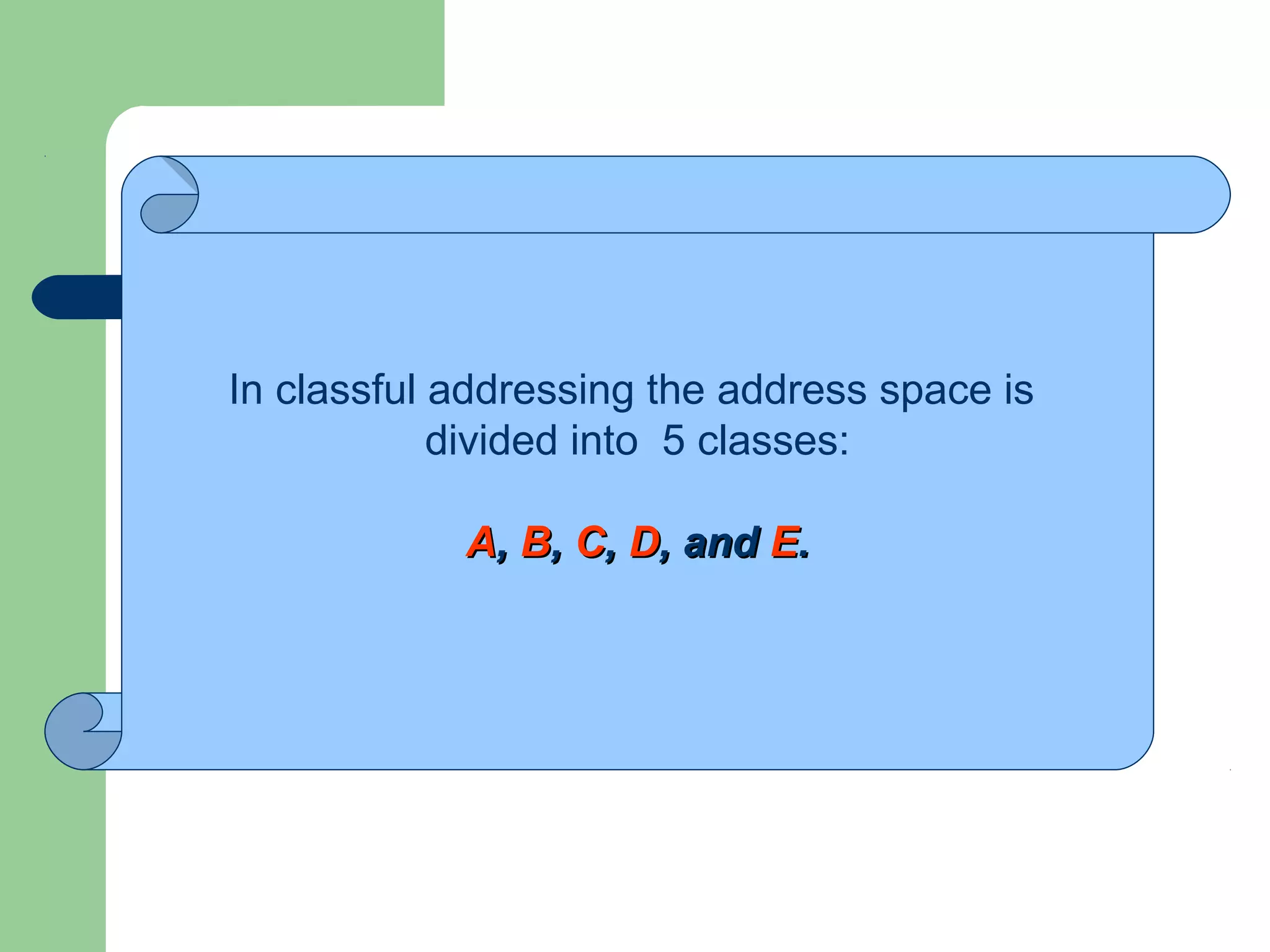 In classful addressing the address space is
divided into 5 classes:
AA,, BB,, CC,, DD, and, and EE..
 