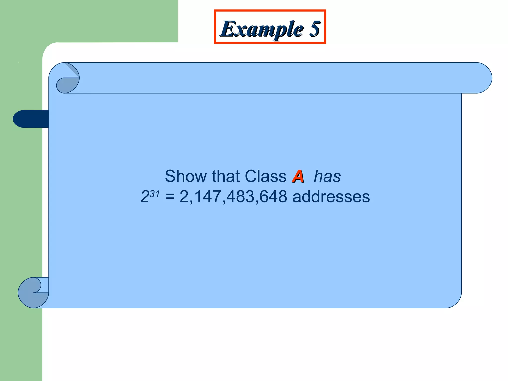 Show that Class AA has
231
= 2,147,483,648 addresses
Example 5Example 5
 