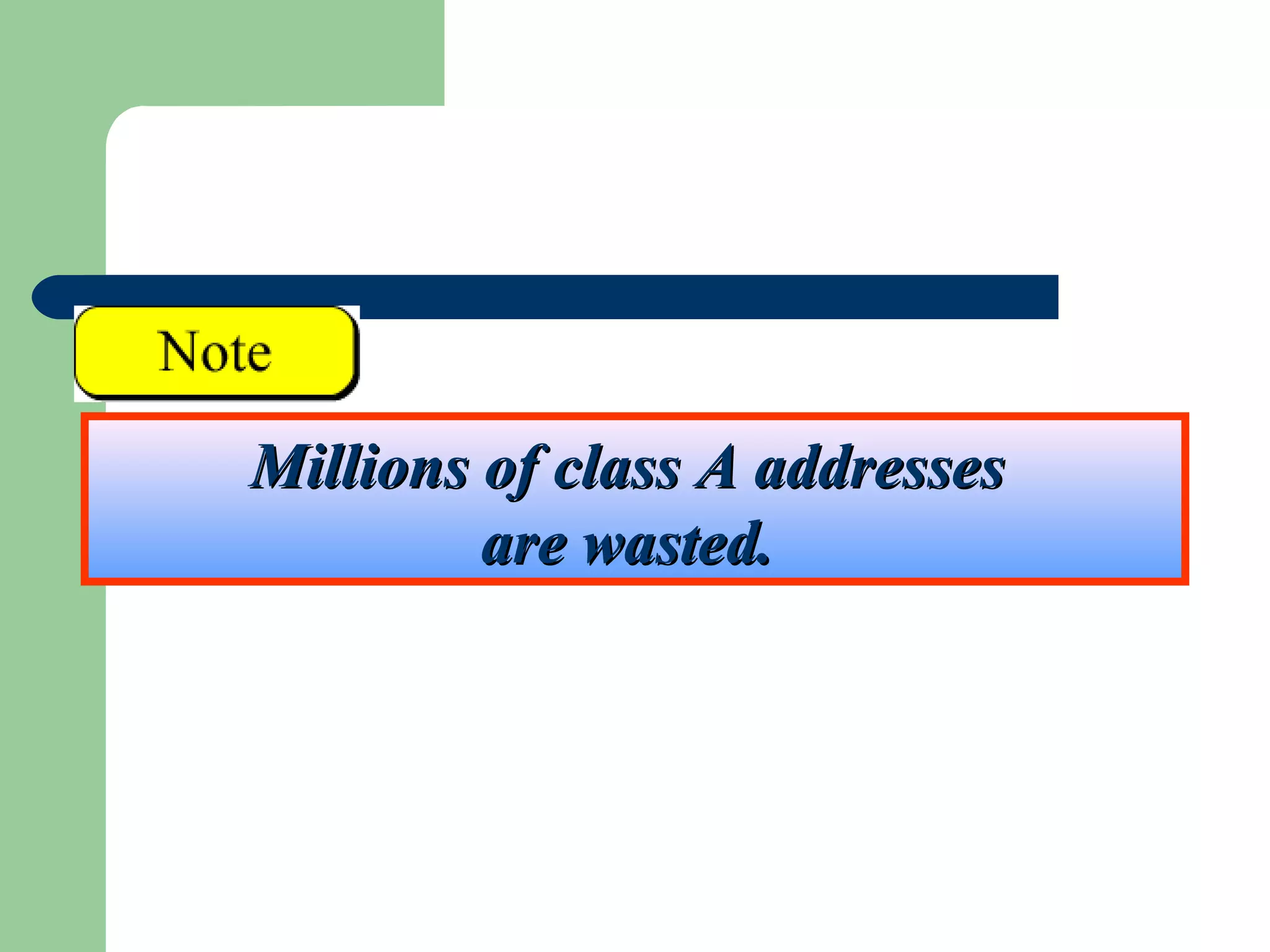 Millions of class A addressesMillions of class A addresses
are wasted.are wasted.
 