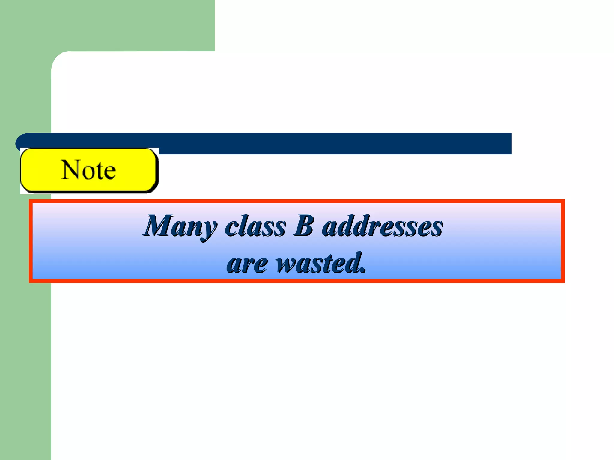 Many class B addressesMany class B addresses
are wasted.are wasted.
 