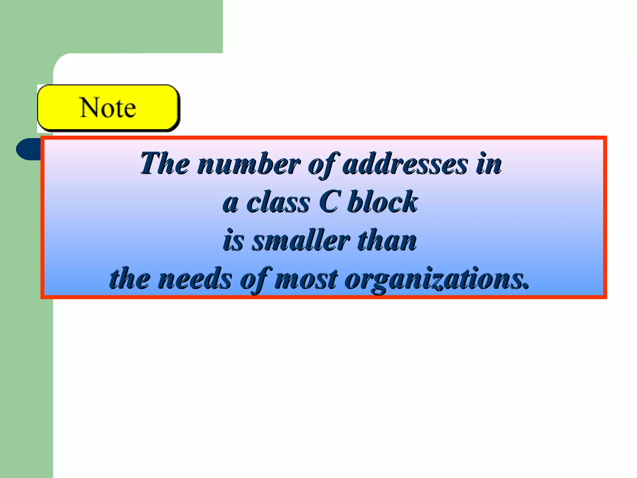 The number of addresses inThe number of addresses in
a class C blocka class C block
is smaller thanis smaller than
the needs of most organizations.the needs of most organizations.
 