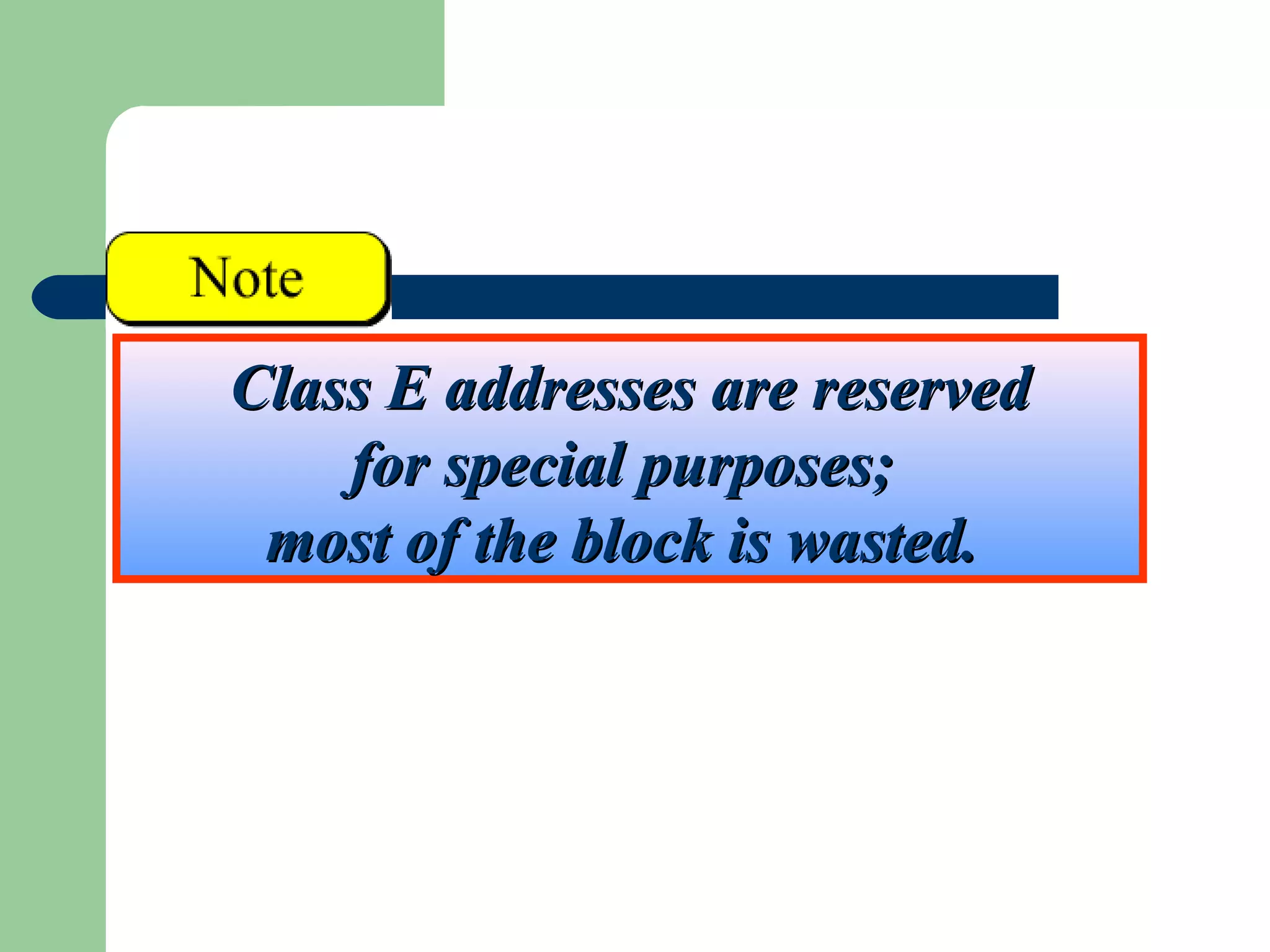 Class E addresses are reservedClass E addresses are reserved
for special purposes;for special purposes;
most of the block is wasted.most of the block is wasted.
 
