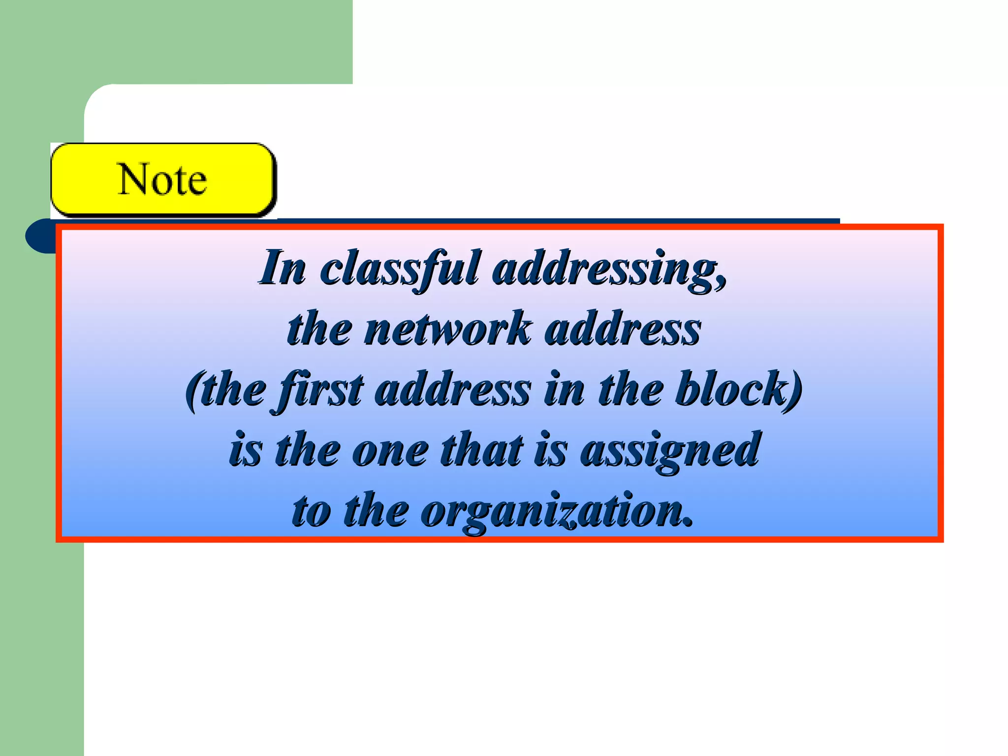 In classful addressing,In classful addressing,
the network addressthe network address
(the first address in the block)(the first address in the block)
is the one that is assignedis the one that is assigned
to the organization.to the organization.
 