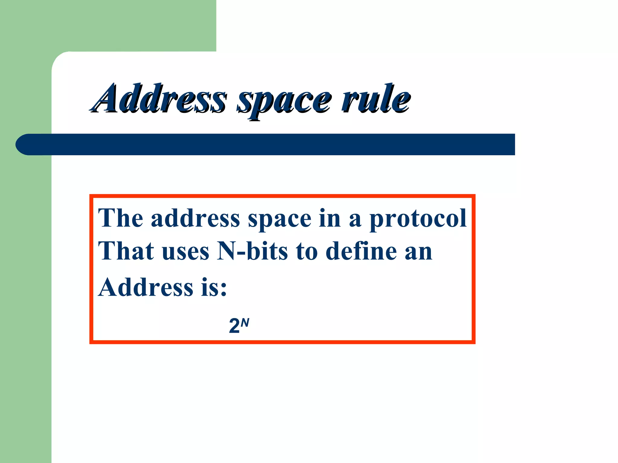 Address spaceAddress space rulerule
addr15
addr1
addr2
addr41
addr31
addr226
…………..
…………..
…………..
…………..
…………..
…………..…………..
The address space in a protocol
That uses N-bits to define an
Address is:
2N
 