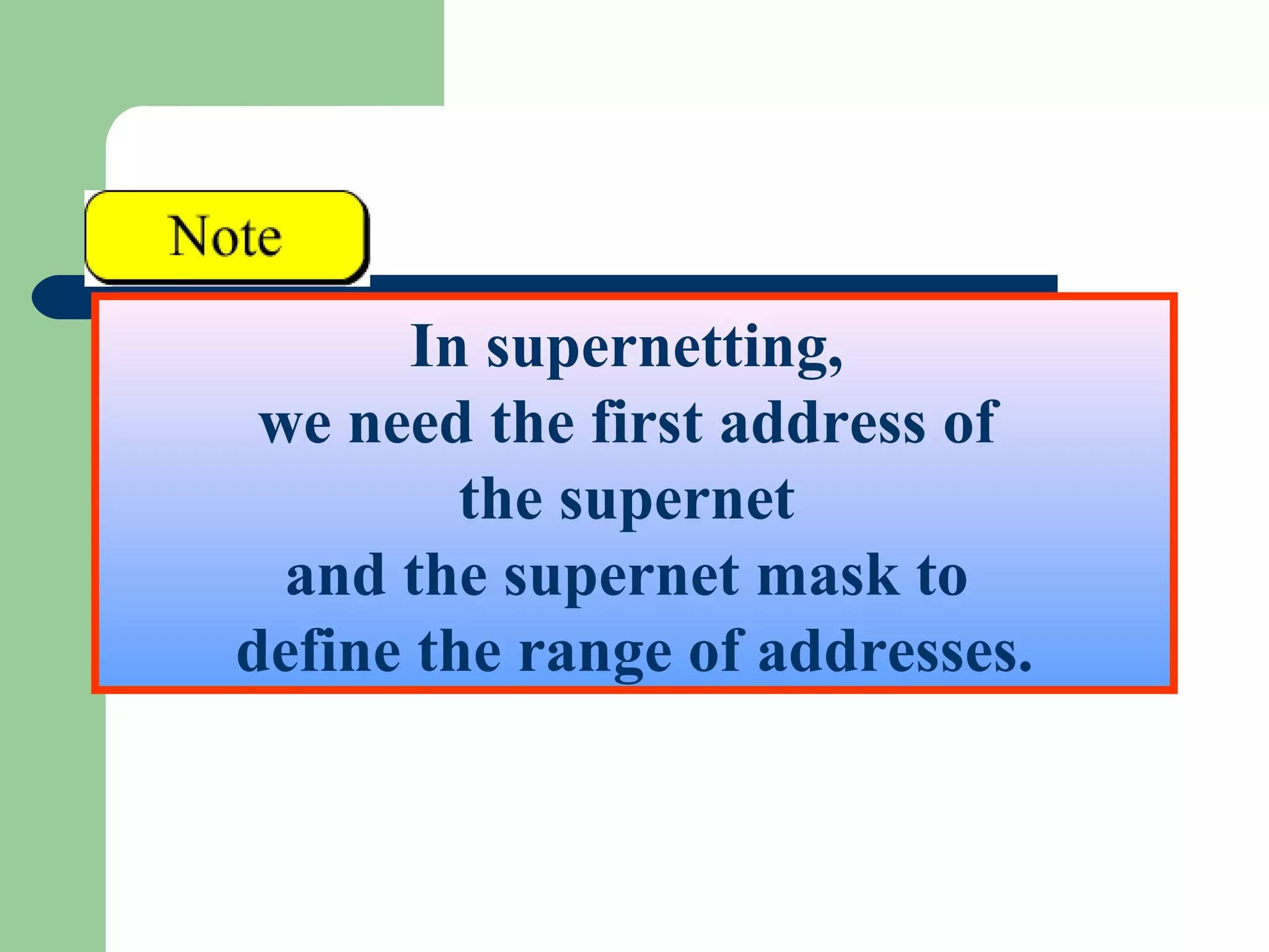 In supernetting,
we need the first address of
the supernet
and the supernet mask to
define the range of addresses.
 
