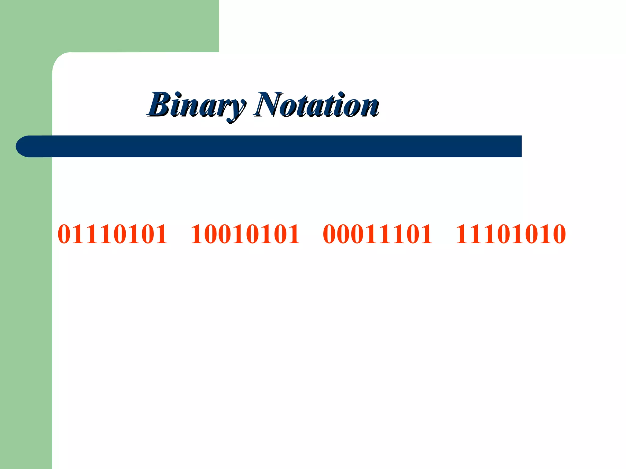 01110101 10010101 00011101 11101010
Binary NotationBinary Notation
 