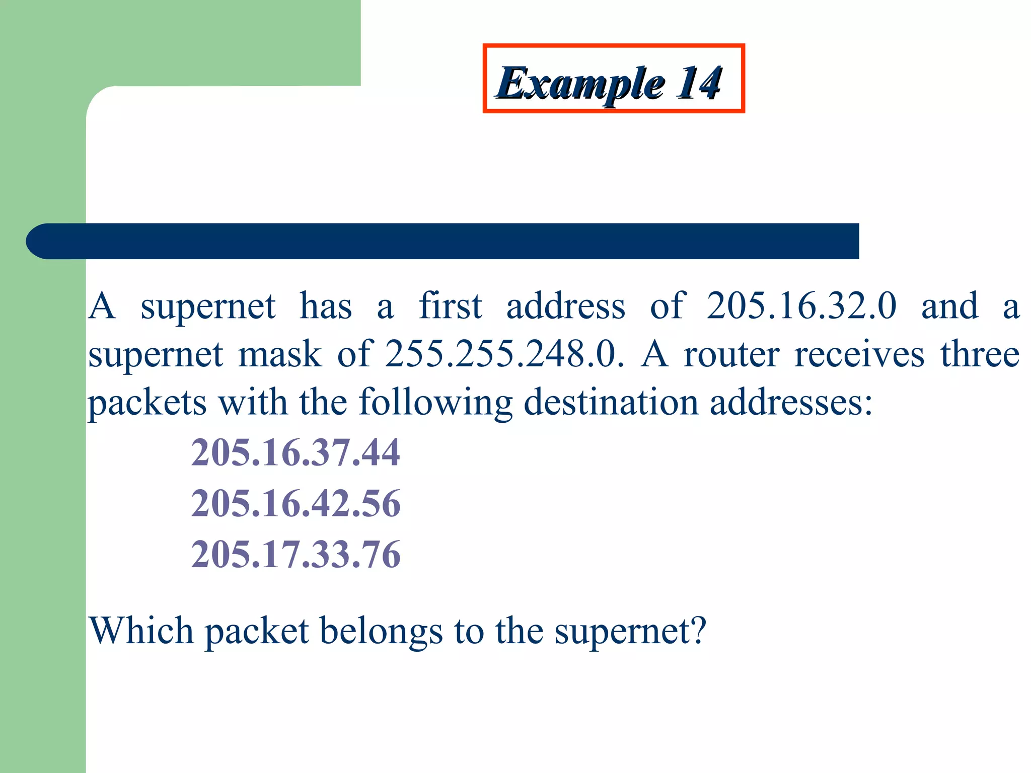 Example 14Example 14
A supernet has a first address of 205.16.32.0 and a
supernet mask of 255.255.248.0. A router receives three
packets with the following destination addresses:
205.16.37.44
205.16.42.56
205.17.33.76
Which packet belongs to the supernet?
 