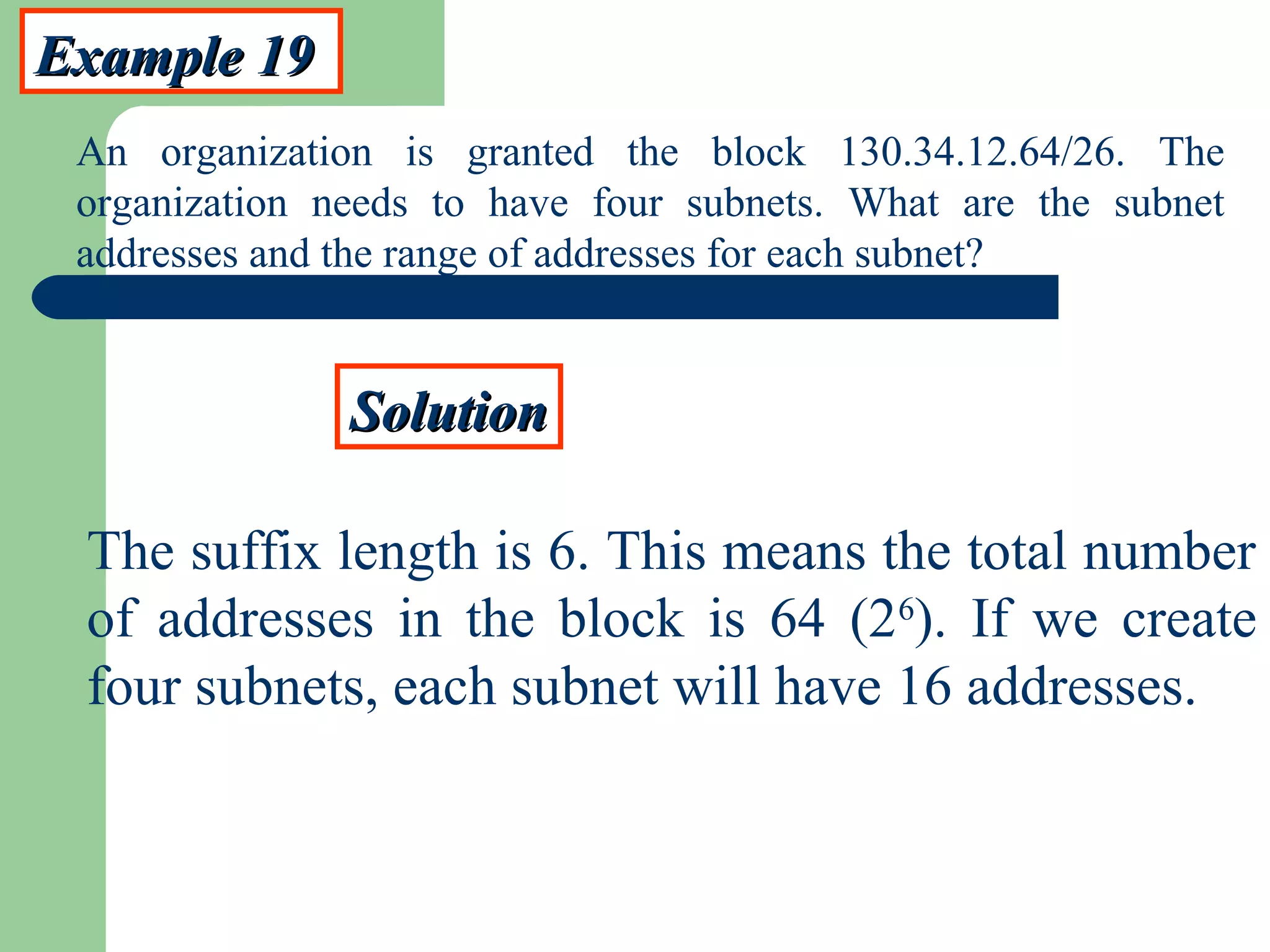 Example 19Example 19
An organization is granted the block 130.34.12.64/26. The
organization needs to have four subnets. What are the subnet
addresses and the range of addresses for each subnet?
SolutionSolution
The suffix length is 6. This means the total number
of addresses in the block is 64 (26
). If we create
four subnets, each subnet will have 16 addresses.
 