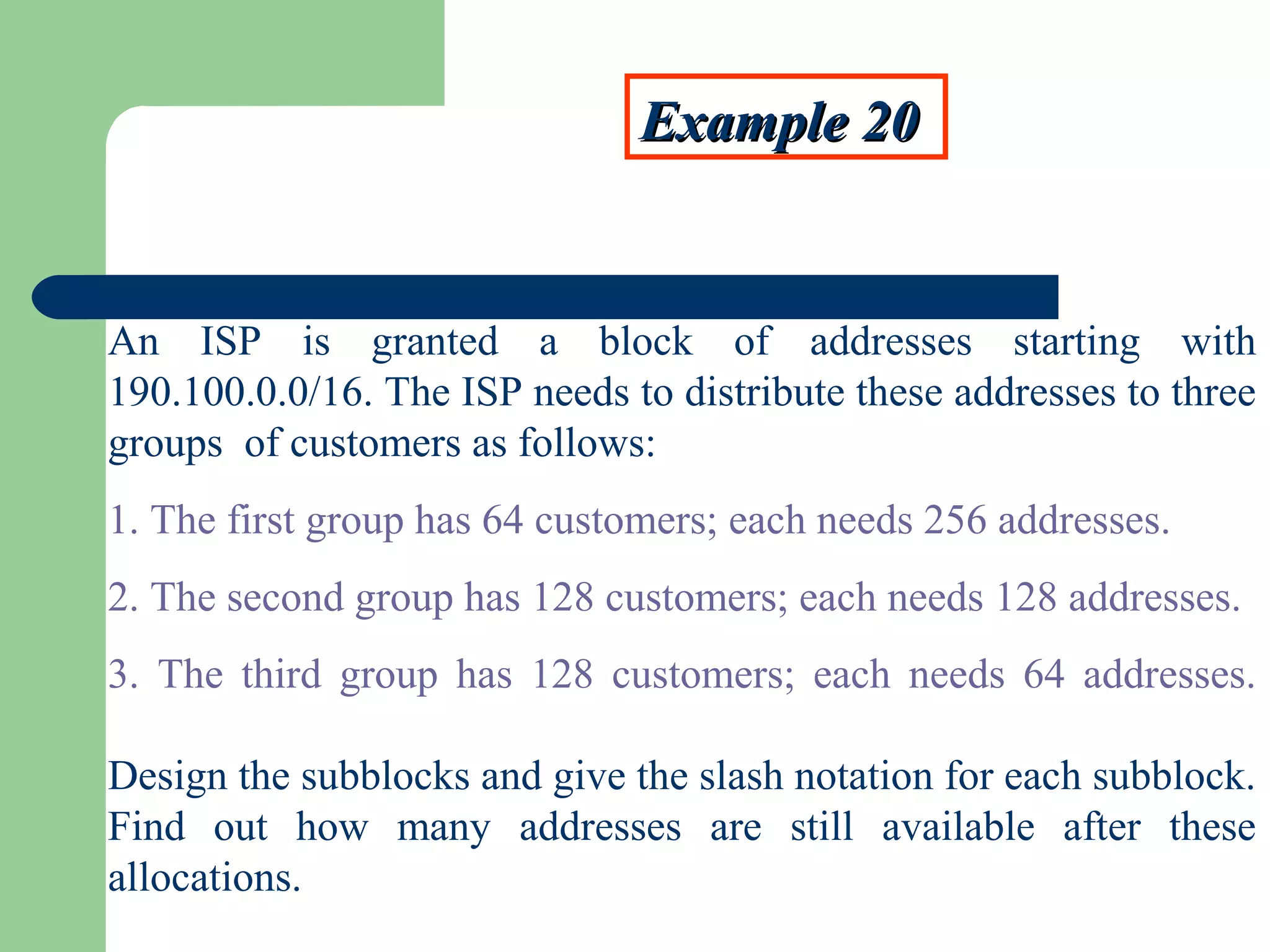Example 20Example 20
An ISP is granted a block of addresses starting with
190.100.0.0/16. The ISP needs to distribute these addresses to three
groups of customers as follows:
1. The first group has 64 customers; each needs 256 addresses.
2. The second group has 128 customers; each needs 128 addresses.
3. The third group has 128 customers; each needs 64 addresses.
Design the subblocks and give the slash notation for each subblock.
Find out how many addresses are still available after these
allocations.
 