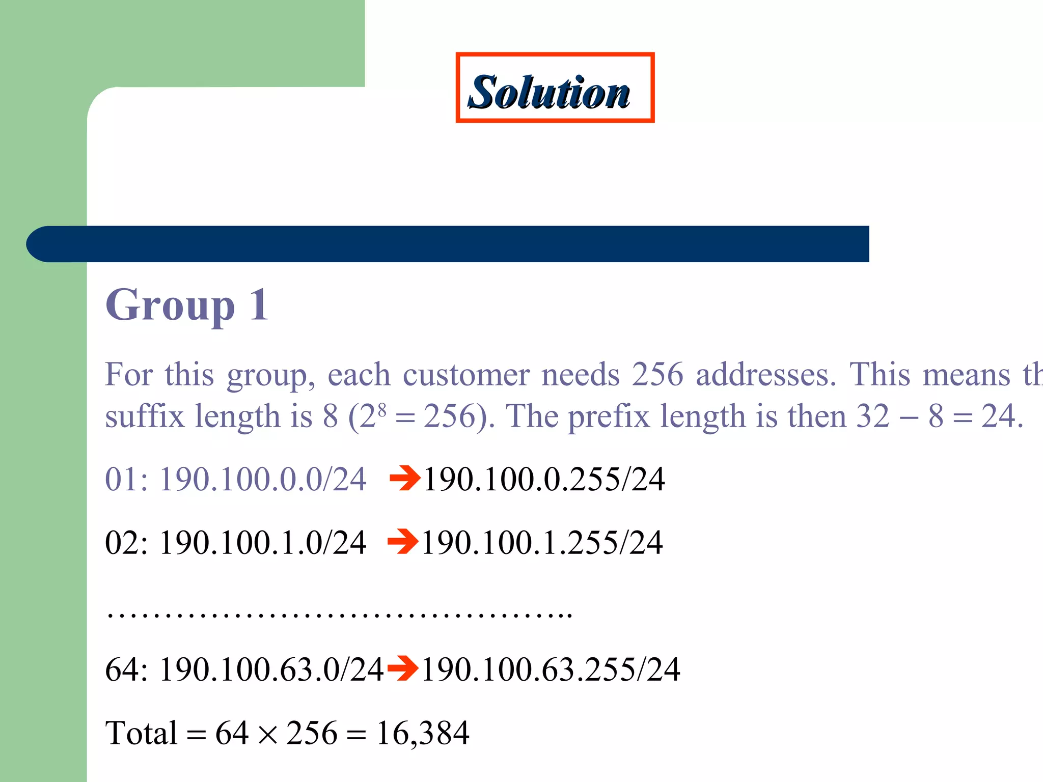 SolutionSolution
Group 1
For this group, each customer needs 256 addresses. This means th
suffix length is 8 (28
= 256). The prefix length is then 32 − 8 = 24.
01: 190.100.0.0/24 190.100.0.255/24
02: 190.100.1.0/24 190.100.1.255/24
…………………………………..
64: 190.100.63.0/24190.100.63.255/24
Total = 64 × 256 = 16,384
 