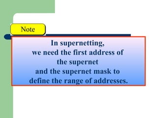 In supernetting,
we need the first address of
the supernet
and the supernet mask to
define the range of addresses.
 