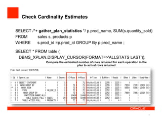Check Cardinality Estimates

SELECT /*+ gather_plan_statistics */ p.prod_name, SUM(s.quantity_sold)
FROM      sales s, products p
WHERE     s.prod_id =p.prod_id GROUP By p.prod_name ;

SELECT * FROM table (
 DBMS_XPLAN.DISPLAY_CURSOR(FORMAT=>'ALLSTATS LAST'));
               Compare the estimated number of rows returned for each operation in the
                                    plan to actual rows returned




                                                                                         17
 
