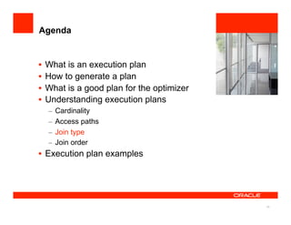 Agenda


•  What is an execution plan               <Insert Picture Here>

•  How to generate a plan
•  What is a good plan for the optimizer
•  Understanding execution plans
  –  Cardinality
  –  Access paths
  –  Join type
  –  Join order
•  Execution plan examples




                                                             26
 