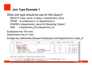 Join Type Example 1
What Join type should be use for this Query?
  SELECT e.last_name, e.salary, d.department_name
  FROM hr.employees e, hr.departments d
  WHERE d.departments_name IN ('Marketing‘,'Sales')
  AND   e.department_id=d.department_id;
Employees has 107 rows
Departments has 27 rows
Foreign key relationship between Employees and Departments on dept_id




                                                                        29
 