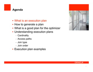 Agenda


•  What is an execution plan               <Insert Picture Here>

•  How to generate a plan
•  What is a good plan for the optimizer
•  Understanding execution plans
  –  Cardinality
  –  Access paths
  –  Join type
  –  Join order
•  Execution plan examples




                                                              3
 