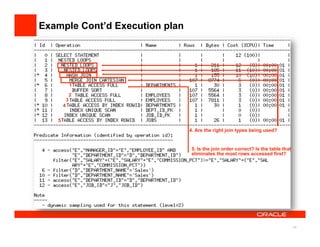 Example Cont’d Execution plan




               1

               2
           3
       4


   5

                                4. Are the right join types being used?


                                 5. Is the join order correct? Is the table that
                                 eliminates the most rows accessed first?




                                                                                   44
 